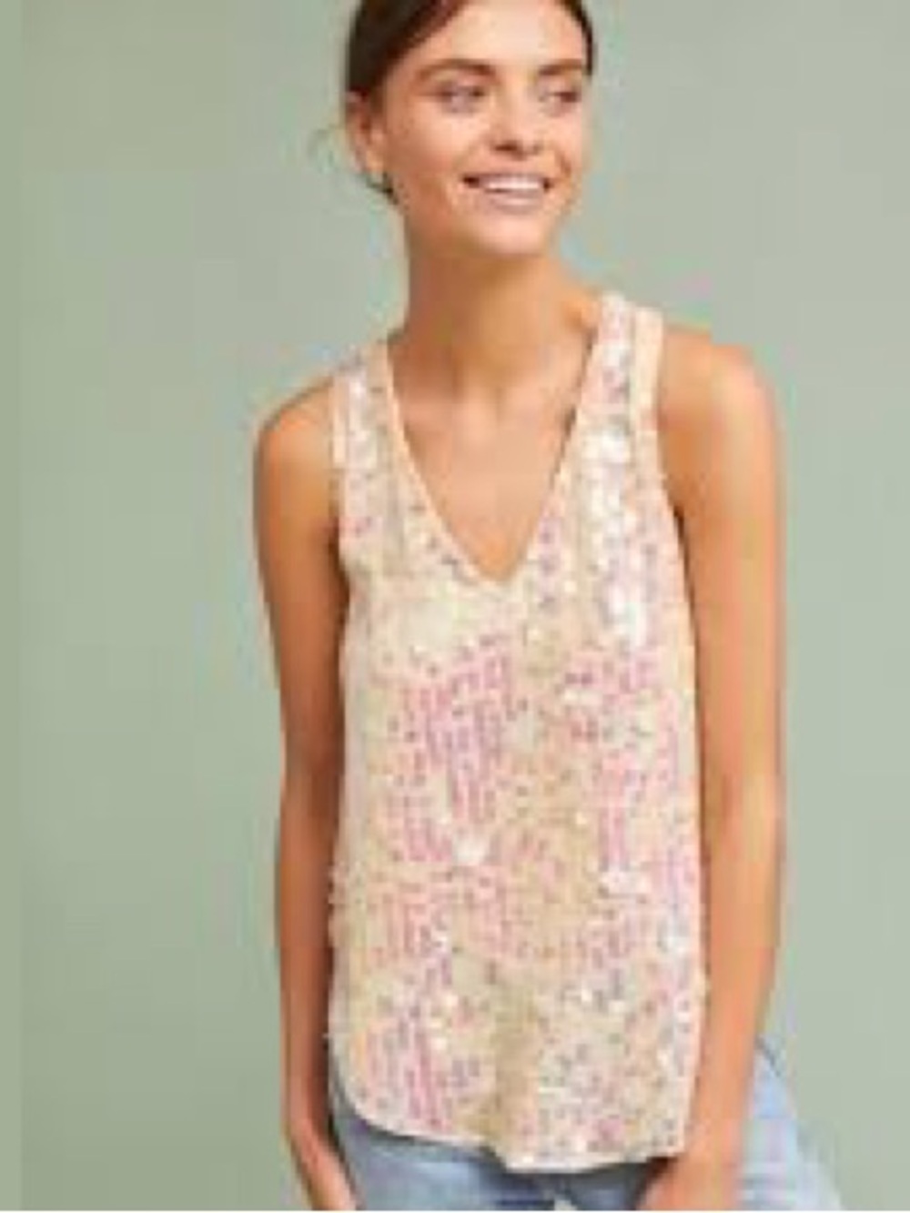 Moulinette Soeurs Ivory V-Neck Sequin Camisole with Pink Accents NWT